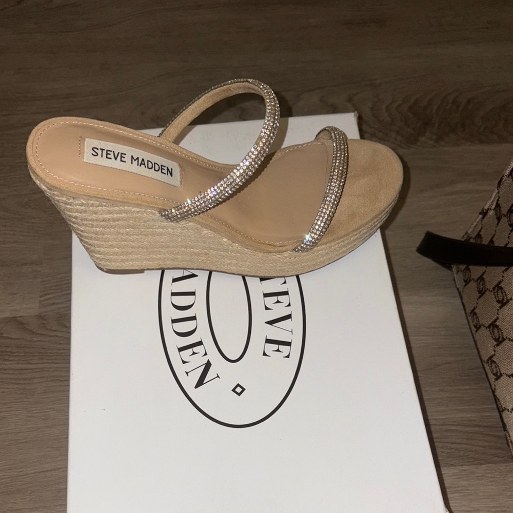 Steve Madden Tan Espadrille Wedges with Rhinestone Straps